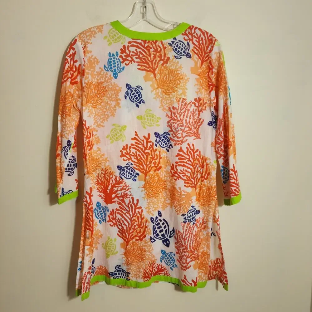 Peppermint bay colorful sea turtle coral print 3/4 sleeve swim coverup woman's S
